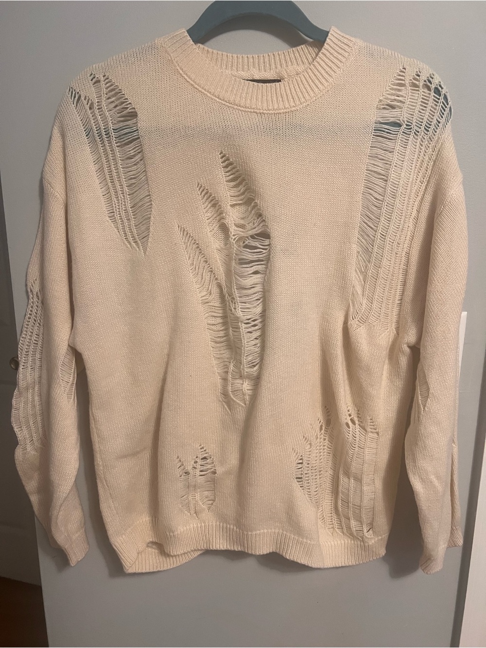 SHEIN Cream Distressed Crewneck Sweater